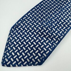 Sulka Silk Necktie Men Navy Blue Silver Geometric Basketweave France